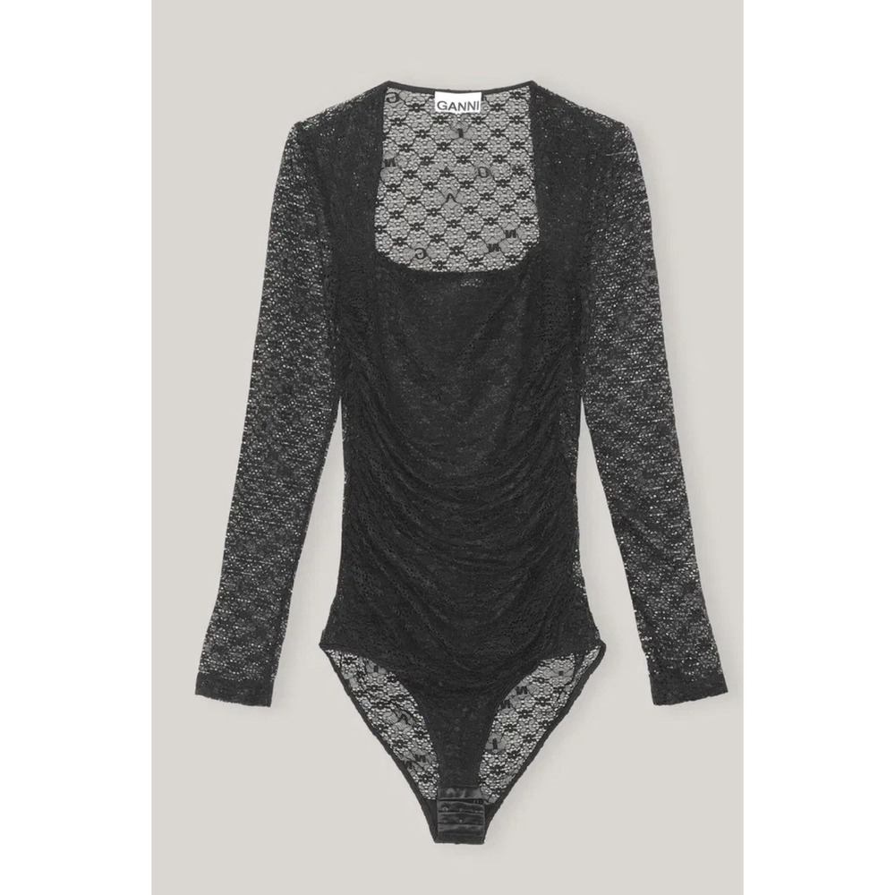 GANNI‎ Women's Size Medium Bodysuit Black Lace Square Back Long Sleeve Lined